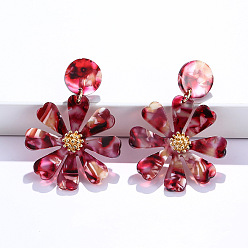 Светло-Вишневый Серьги-гвоздики из акрила с цветком из сплава, золотые, светло-вишневый, 54x33 мм