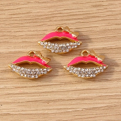 Tief rosa Emaille Anhänger Legierung, mit Strass, golden, Lippe mit Schleifenanhänger, tief rosa, 13x17 mm, 10 Stück / Set
