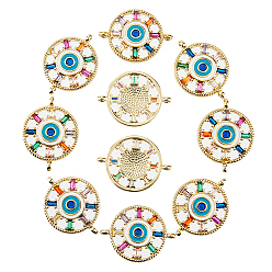 Золотой 10шт. латунные разноцветные подвески-соединители из кубического циркония, с эмалью, плоские круглые с сглаза, золотые, 17x23x3.5 мм, отверстие : 1.2 мм