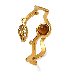 Тигровый глаз Натуральный тигровый глаз кольца палец, лист золотистого тона 304 манжеты из нержавеющей стали для женщин, 10 мм, внутренний диаметр: 17 мм