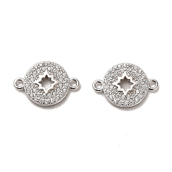 Real Platinum Plated 925 Sterling Silver Connector Charms, with Clear Cubic Zirconia, Flat Round with 925 Stamp, Real Platinum Plated, 9.5x14x2mm, Hole: 1mm