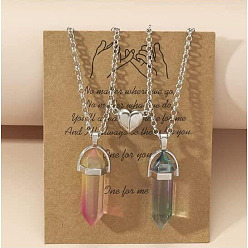 Разноцветный 2шт. стеклянные двухгранные заостренные пули-подвески для пар с магнитными застежками в форме сердца, ожерелья из сплава цепей для женщин, платина, красочный, 17.72 дюйм (45 см)