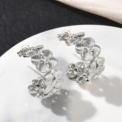 Platinum Brass Micro Pave Cubic Zirconia Stud Earrings for Women, Flower, Half Hoop Earrings, Long-Lasting Plated, Rack Plating, Lead Free & Cadmium Free, Platinum, 19.5x9mm