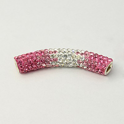 Розовый Полимерная глина бисера горный хрусталь трубки, класс А, с двойными ядрами латуни, трубка, серебряный цвет гальваническим, светло-розовый, 47x9 мм, отверстие : 4 мм