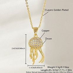 Jellyfish Ожерелья с подвесками Ocean Summer из латуни с прозрачными кубическими цирконами и паве, золотые, медуза, 17.72 дюйм (45 см), Кулон : 24x11 мм