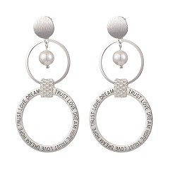 Платина Серьги-гвоздики в стиле бохо из латуни, с бусиной из ракушечного жемчуга и соединительными кольцами из сплава, платина, 75x35.5 мм