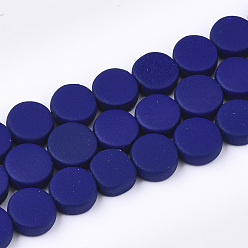 Dark Blue Spray Painted Non-magnetic Synthetic Hematite Beads Strands, Flat Round, Dark Blue, 10x4mm, Hole: 1mm, about 44pcs/strand, 15.7 inch