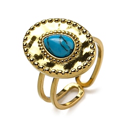 Настоящее золото 18K Ионное покрытие (ip) овальные с каплевидным вырезом 304 открытые манжетные кольца из нержавеющей стали, кольца на палец с синтетической бирюзой для женщин и мужчин, реальный 18 k позолоченный, размер США 6 (16.5 мм)