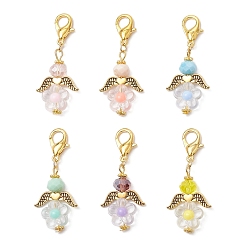 Золотой 6шт. подвесные украшения в виде цветочного ангела из стекла и акрила, сплав застежки-лобстеры подвески для украшения сумки рюкзака, золотые, 47~48 мм