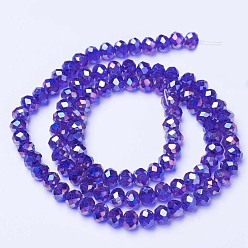 Blue Electroplate Glass Beads Strands, AB Color Plated, Faceted, Rondelle, Blue, 10x8mm, Hole: 1mm, about 65~66pcs/strand, 20.8~21.2 inch(53~54cm)