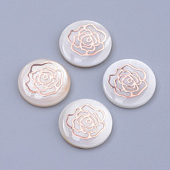 Seashell Color Freshwater Shell Cabochons, with Iron Findings, Flat Round with Flower, Rose Gold, Seashell Color, 16x3.5mm
