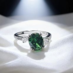 Зеленый Латунные микро проложить пальцев кольца кубического циркония, овальные, платина, зелёные, внутренний диаметр: регулируемый