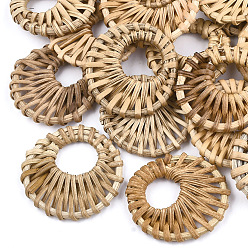 BurlyWood Handmade Reed Cane/Rattan Woven Pendants, For Making Straw Earrings and Necklaces, Flat Round, BurlyWood, 38~48x5mm, Hole: 16~20mm