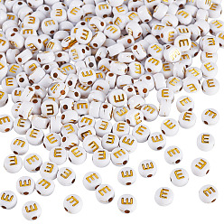 Letter E 500 Uds plateando cuentas de acrílico, metal dorado enlaced, agujero horizontal, plano y redondo con alfabeto, blanco, letra e, 7x3.5 mm, agujero: 1.2 mm
