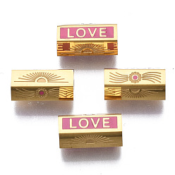Real 14K Gold Plated 316 Surgical Stainless Steel Beads, with Enamel, Hexagon with Word Love, Real 14K Gold Plated, 11x6x6mm, Hole: 2mm