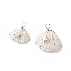 White Spiral Shell Pendants, Shell Charms with Star, with Platinum Tone Brass Loops, White, 20~25x20~26x9~11mm, Hole: 3.5mm