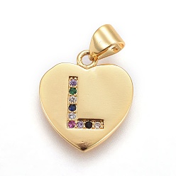 Letter L Латунные микро проложить кубического циркония подвески, сердце с письмом, красочный, letter.l, 17x15x1.5 мм, отверстие : 3.5x4.5 мм