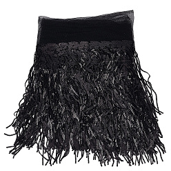 Черный 5ярды полиэстеровых лент с кисточками, с блестка, аксессуары для одежды, чёрные, 5-7/8 дюйм (150 мм), 5 ярдов / комплект
