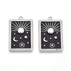 Черный 304 подвески из нержавеющей стали, с эмалью, прямоугольник с подвесками в виде луны, звезды и солнца, цвет нержавеющей стали, чёрные, 28x18x2 мм, отверстие : 1.6 мм