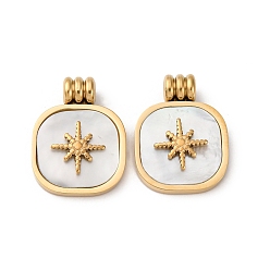 Настоящее золото 14K 304 подвески из нержавеющей стали с натуральными белыми ракушками, квадрат со звездными подвесками, реальный 14 k позолоченный, 18.5x14x4.5 мм, отверстие : 2 мм
