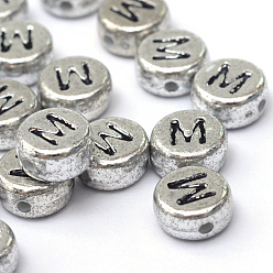 Letter M Plated Acrylic Horizontal Hole Letter Beads, Flat Round, Letter.M, 7x4mm, Hole: 1.3mm, about 3600pcs/500g