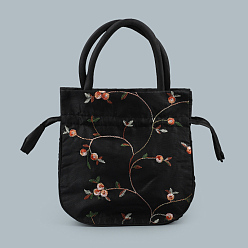 Black Retro Rectangle Cloth Drawstring Women Wristlets, with Handles, Embroidery Flower Pattern, Black, 21x20x6cm