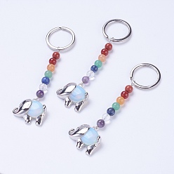 Опал Брелок из синтетического опалита, со смешанными камнями и плакированными латунными ключевыми выводами, слон, 92 мм, Кольцо: 24x2 mm, бусина : 6~7 mm, Кулон : 23x26x7 мм