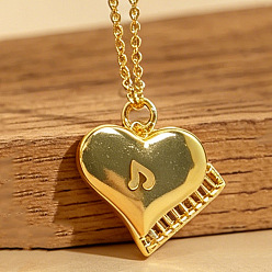 Piano Music Theme Brass Pave Cubic Zirconia Pendant Necklaces for Women, Golden, Heart Piano, 17.72 inch(45cm), Pendant: 20x18mm