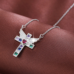 Silver Brass Pave Colorful Cubic Zirconia Cross with Angel Wings Pendant Necklaces for Women, Silver, 14.96 inch(38cm)