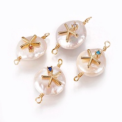 Mixed Color Natural Pearl Links connectors, with Cubic Zirconia and Brass Findings, Flat Round with Star, Mixed Color, 19~23x10~12x6~9mm, Hole: 1.6mm