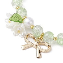 Pale Green Imitation Pearl Glass & Acrylic Round Beaded Stretch Bracelets, with Alloy Bowknot Charms, Pale Green, Inner Diameter: 2 inch(5cm)