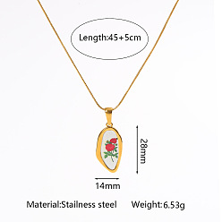 Oval Flower Printed 304 Stainless Steel Geometric Pendant Necklaces for Women, Golden, White, Oval, 17.72 inch(45cm), pendant: 28x14mm