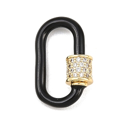 Черный Овальные винтовые карабины с микропаве из прозрачного кубического циркония из латуни, с эмалью, долгоиграющий, стойки покрытие, без свинца и без кадмия, чёрные, 19.5x11x2.5 мм