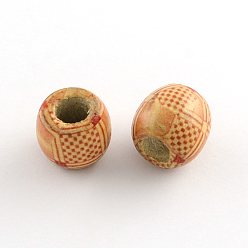 Sandy Brown Barrel Printed Natural Wood Large Hole Beads, Macrame Beads, Sandy Brown, 16~17x15~16mm, Hole: 6~7mm, about 665pcs/1000g