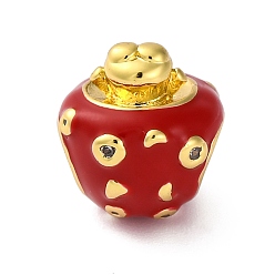 Красный Латунные европейские бусины с эмалью кубического циркония, с кубического циркония, бусины с большим отверстием, без кадмия и без свинца, долговечный, реальный 18 k позолоченный, клубника, красные, 13x11.5x11.5 мм, отверстие : 4.5 мм