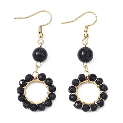 Синий Драгоценный Камень 304 стальные круглые серьги болтаться из нержавеющей, с синтетическим голубым Голдстоун, золотые, 54.5x19.5 мм