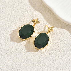 Зеленый Серьги-гвоздики из латуни с кубическим цирконием овальной формы со звездой, золотые, зелёные, 30x10 мм