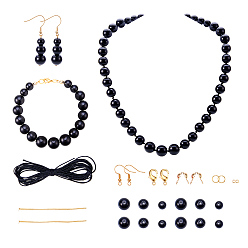 Golden DIY Necklace Making, with Synthetic Black Stone Bead, Nylon Thread, Brass Lobster Claw Clasp and 304 Stainless Steel Earring Hook, Golden, 12x10cm, about 132pcs/set