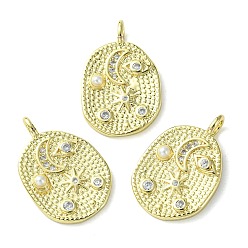 Plaqué 18K Or Véritable Enrubanneuse en laiton micro pavé en zirconium cubique pendentifs, avec la perle en plastique, plaqué longue durée, sans plomb et sans cadmium, charme ovale, réel 18 k plaqué or, 20x13x2.5mm, Trou: 2.5x2mm