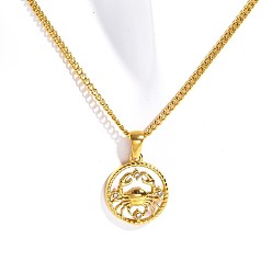 Рак Ионное покрытие (ip) нержавеющая сталь pave shell плоская круглая подвеска созвездие ожерелья скрученная цепь, реальный 18 k позолоченный, рак, 15.75 дюйм (40 см)