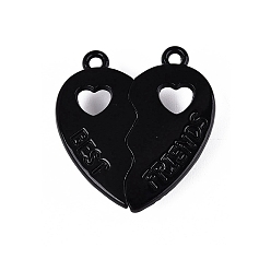 Schwarz Legierung Split Anhänger, Herzanhänger mit der Aufschrift „Beste Freundin“, mit Magnet, gischt gemalt, Schwarz, 28x26x7 mm, Bohrung: 1.8 mm