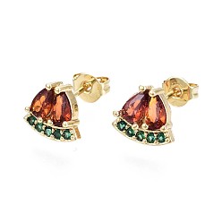 Real 16K Gold Plated Brass Micro Pave Cubic Zirconia Stud Earrings, with Ear Nuts, Teardrop, Cadmium Free & Nickel Free & Lead Free, Chocolate, Real 16K Gold Plated, 8x9.5mm, Pin: 0.7mm