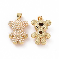 Golden Brass Pendants, with ABS Imitation Pearl Beads, Bear, Golden, 23x16x7mm, Hole: 3.5x5mm