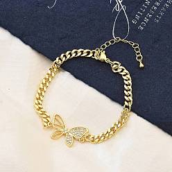 Настоящее золото 18K Латунные браслеты с микропаве из чистого кубического циркония, цепи панциря ювелирные изделия для женщин, бабочка, реальный 18 k позолоченный, 7-1/4 дюйм (18.4 см)