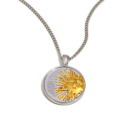 Chapado en Oro Real & Color de Acero Inoxidable Collares con colgante de moneda de sol de acero inoxidable bicolor para mujer, Chapado en oro real y color acero inoxidable., 304 pulgada (16.34 cm)