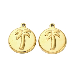 Настоящее золото 18K 304 подвески из нержавеющей стали, ионное покрытие (ip), плоский круглый с подвеской из кокосовой пальмы, реальный 18 k позолоченный, 17x14.5x2.5 мм, отверстие : 1.4 мм