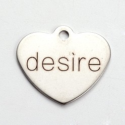 Stainless Steel Color Non-Tarnish 201 Stainless Steel Heart Pendants, with Word Desire, Cadmium Free & Nickel Free & Lead Free, Stainless Steel Color, 21x24x1mm, Hole: 2mm