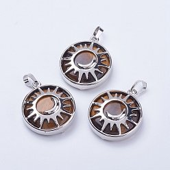 Тигровый глаз Природных тигровый глаз подвески, с латунной фурнитурой , плоские круглые с солнцем и луной, платина, 31x27.5x8 мм, отверстие : 5x7 мм