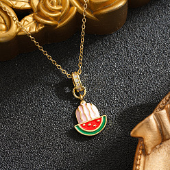 Misty Rose Summer Brass Micro Pave Clear Cubic Zirconia Enamel Watermelon Pendant 201 Stainless Steel Cable Chain Necklaces for Women, Golden, Misty Rose, 15.75 inch(40cm)