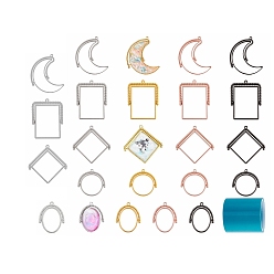 Mixed Color Alloy Open Back Bezel Pendants, Rotatable Pendants, For DIY UV Resin, Epoxy Resin, Pressed Flower Jewelry, Lead Free & Cadmium Free, with 1Pcs Seamless Paper Tape, Mixed Shapes, Mixed Color, 44x44.5x4mm, Hole: 1.8mm, 24pcs